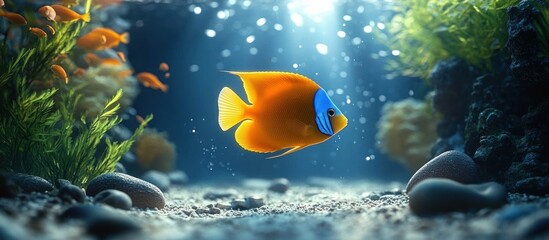 Bright orange tropical fish with a blue face gliding above a sandy seabed with pebbles and seaweed, a distant school of fish and sunlit, tranquil underwater atmosphere