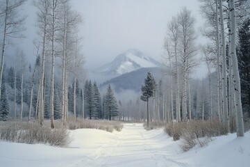 Serene snowy trail through a grove of bare aspen trunks leading to a misty mountain under an overcast winter sky