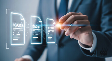 Professional businessman reviews invoices digitally with modern technology, streamlining financial processes and ensuring accurate record keeping for business success