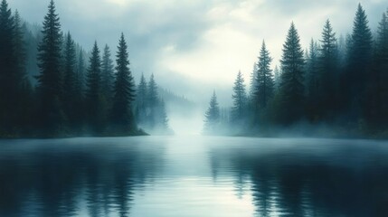Misty lake flanked by tall evergreen pines with mirror-like reflections and a serene, mysterious foggy early morning atmosphere