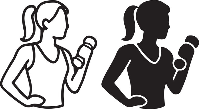 Outline and silhouette icon of a woman with a ponytail performing a dumbbell bicep curl exercise, representing fitness and strength. isolated on white background, Vector