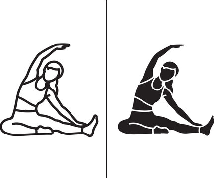 Woman performing seated side bend stretch exercise icon. female stretching for flexibility, fitness, yoga, workout. outline and silhouette graphic. isolated on white background, Vector