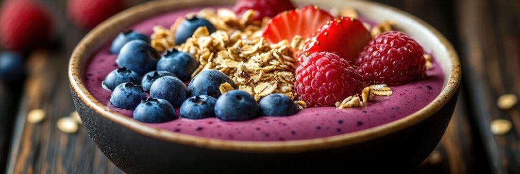 vibrant berry smoothie bowl with blueberries raspberries sliced strawberry and crunchy granola on rustic wooden table, fresh and appetizing