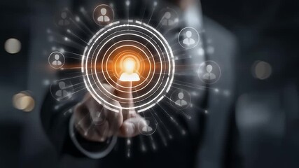 Elegant businessman touching virtual interface with glowing effect for interactive technology, future trends and innovative solutions, digital transformation - Powered by Adobe