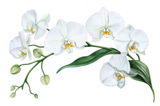 A delicate arrangement of white orchids their intricate flowers and lush green leaves. set against a clean background. perfect for floral design or botanical illustrations - Powered by Adobe