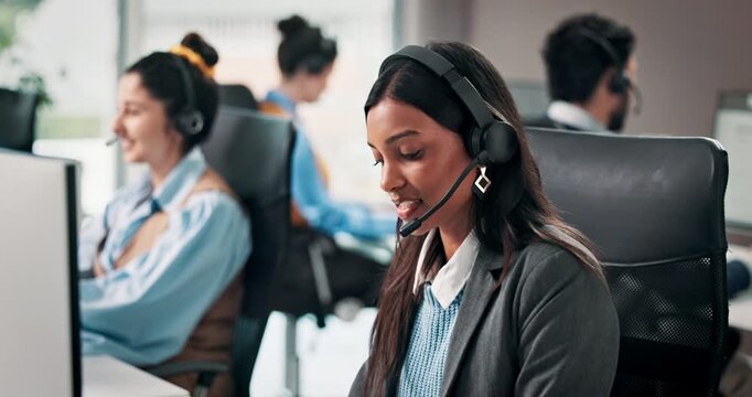 Office, talking and business woman with headset for online consulting, customer support and help. Professional, call center and person on computer for contact us, crm service and virtual advisor
