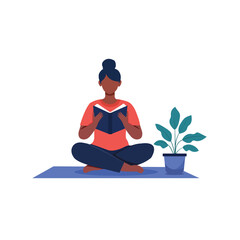 Girl Reading Book on Mat with Potted Plant, Calm and Mindful Learning Concept