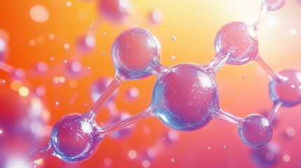 glowing translucent molecular spheres connected by delicate bonds against a warm vibrant bokeh background, evoking energy, discovery and futuristic wonder