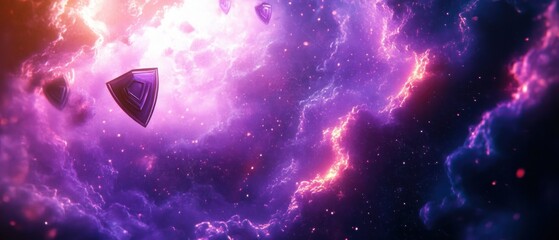 Floating triangular metallic shards drifting through a glowing purple nebula and starfield, ethereal clouds and electric light evoke mystery and cosmic awe