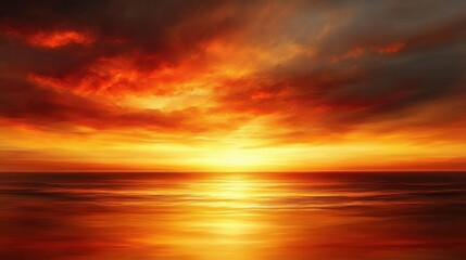 Fiery golden sunset over a calm ocean with dramatic glowing clouds and mirrored water, evoking serene awe and peaceful stillness