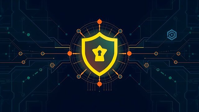 chelation. Abstract geometric patterns and shield symbols representing digital security concept. product launch decks, UI/UX mockups, designed for product launches and innovation pitches.