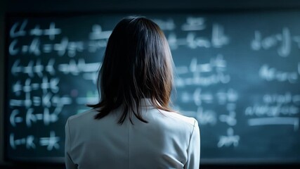 Focused teacher or student contemplating concepts in front of a dark chalkboard, ideal for educational themes