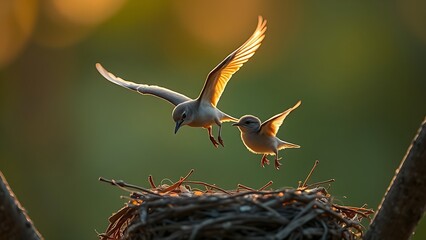 phonology. A young bird's first flight from the nest during the golden morning light. wildlife magazines, conservation campaigns, designed for nature documentaries and education.