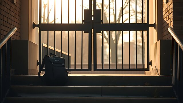 mediocrity. Abandoned backpack on empty school steps as gate closes in melancholic morning light. wellbeing guides, coaching materials, designed for mental health education and mindfulness programs.