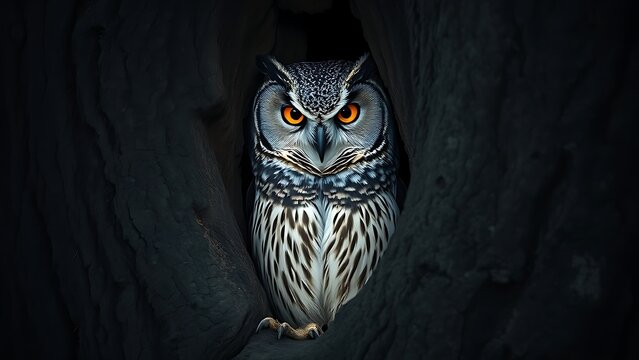passivity. An owl with intense gaze guarding a tree hollow in moonlight, detailed feathers and ancient oak bark. wildlife magazines, conservation campaigns, designed for eco-tourism storytelling.