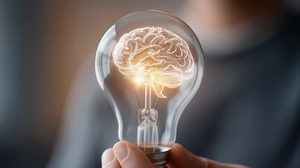 Captivating video of a person holding a light bulb with a brain inside, showcasing bright ideas and innovation for business creativity - Powered by Adobe