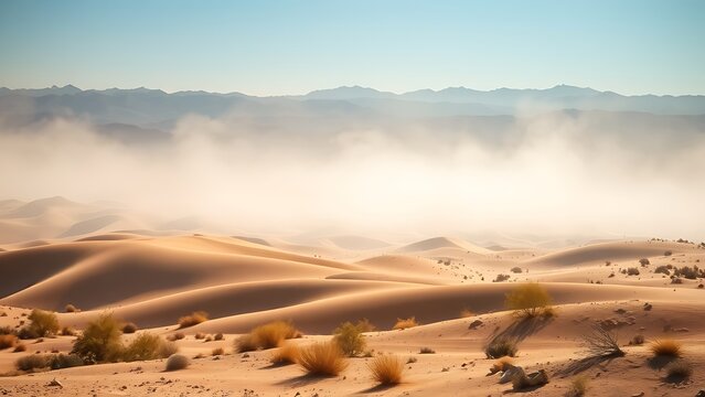 tennessine. Desert landscape with heat waves distorting the view of distant mountains. travel magazines, destination branding, designed for travel destination branding, used by health educators.