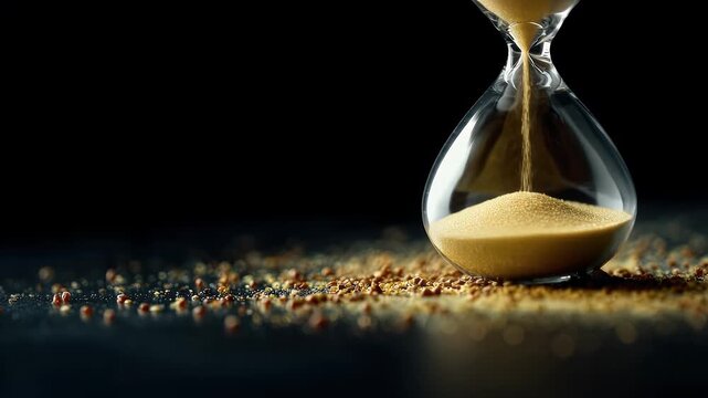 Time slipping away in a glass hourglass with golden sand flowing smoothly towards the end, symbolizing deadlines and fleeting moments, creating urgency