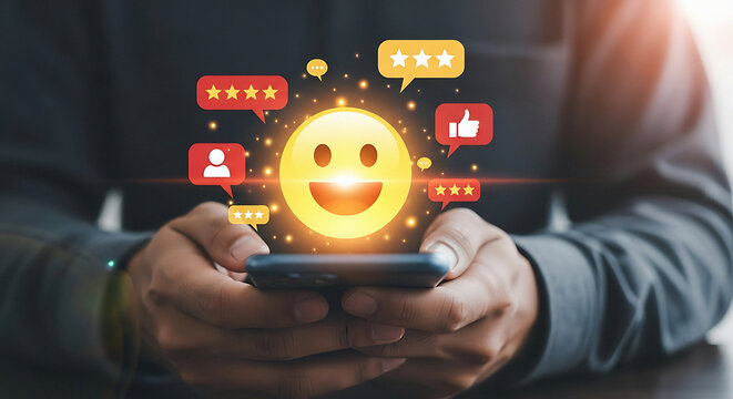 Boost your brand with engaging customer feedback, showcasing positive reviews and smiling satisfaction on mobile for modern business growth