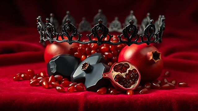 epilogue. Obsidian crown and pomegranate seeds on crimson velvet in dramatic lighting. event programs, museum guides, designed for cultural heritage projects and event programs.