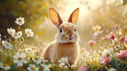 fluffy brown rabbit sitting in a sunlit wildflower meadow with daisies and pink blooms, warm golden light and a peaceful curious expression