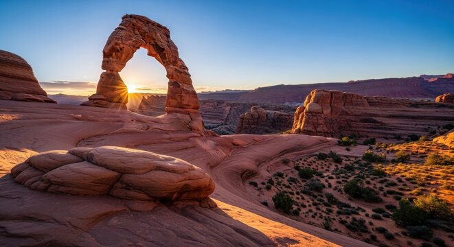 Delicate arch in arches national park utah at sunrise with sunburst visible through the natural sandstone formation against a clear blue sky and desert landscape