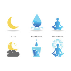 Set of Wellness Icons for Sleep, Hydration, and Meditation, Healthy Lifestyle Concept