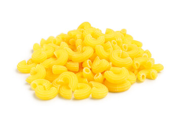 Raw elbow pasta isolated on white background, closeup