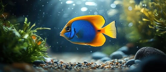 Vibrant blue and yellow tropical fish swimming peacefully among aquatic plants and pebbles under soft sunlit underwater rays