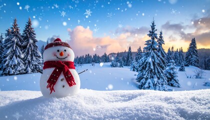 A cheerful snowman wearing a red hat and scarf, standing in a snowy field with pine trees and a warm sunset sky. A charming winter illustration fit for holiday marketing, children’s content.