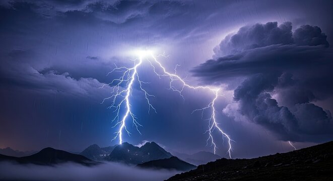A dramatic thunderstorm with lightning bolts striking the mountains in the background.