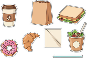 Cartoon Food and Drink Icons Coffee, Sandwich, Donut, Croissant