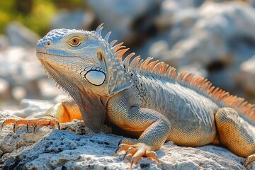 Obraz premium sunlit green and orange iguana with spiky dorsal crest resting on textured rocks, close-up portrait showing detailed scales, claws and a calm alert expression