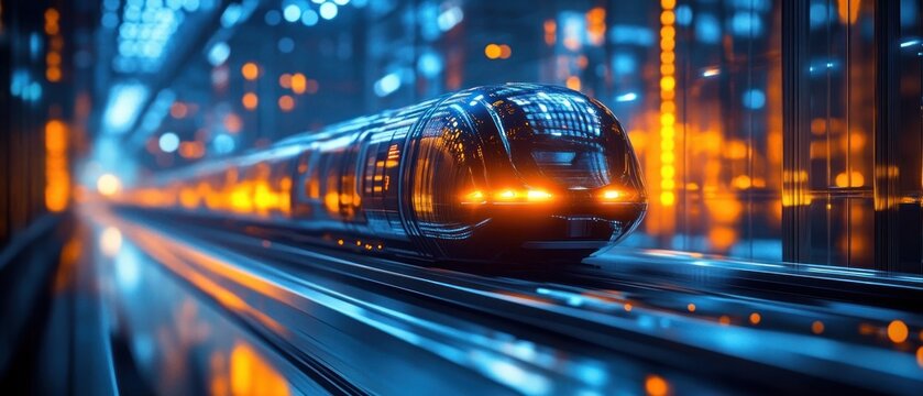 Sleek futuristic high-speed train racing through a neon-lit tunnel with blue and orange glowing lights, glossy reflective rails and motion blur conveying speed and excitement - Powered by Adobe