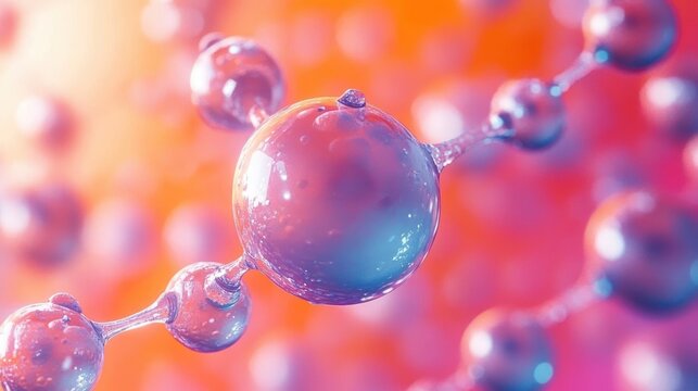 close-up glossy molecular spheres connected by short bonds in vibrant pink, orange and blue lighting, futuristic and serene - Powered by Adobe