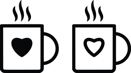 Two steaming mugs with heart designs for couples or love vector