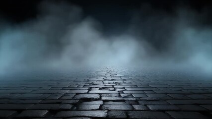 Mysterious cobblestone street vanishing into the fog, creating a dramatic and atmospheric scene with potential for fantasy or suspenseful narratives