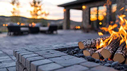 Close-up of a stone outdoor fireplace with burning logs and flames, set on a paved patio with blurred furniture and house in the background at dusk.