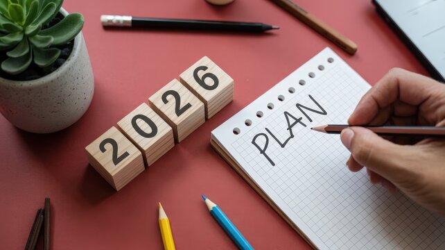 Wooden blocks displaying the year 2026 rest beside a spiral notebook where the word plan is being written by a hand