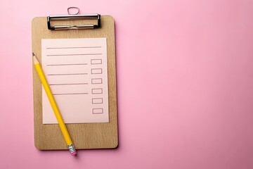 wooden clipboard with lined checklist paper and yellow pencil on pink background, calm minimalist flat lay conveying organized cheerful planning