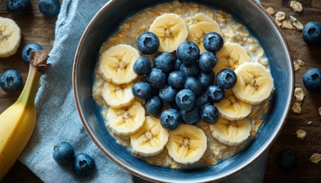 top-down view of a cozy breakfast bowl of creamy oatmeal topped with banana slices and a cluster of blueberries, with a whole banana, scattered oats and a linen napkin on a wooden table