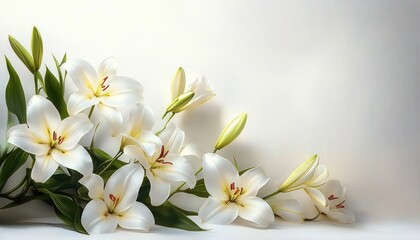 Fototapeta premium cluster of white lilies with green leaves and unopened buds on a soft neutral background, delicate and serene floral still life conveying purity and calm