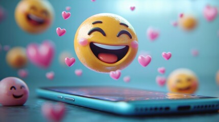 laughing yellow emoji with blushing cheeks and big smile floating among pink hearts above a smartphone, playful joyful digital love scene