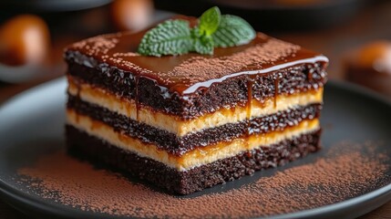 Decadent layered chocolate and cream square cake with glossy chocolate glaze dripping, cocoa dusting on plate and fresh mint garnish, indulgent and tempting close up