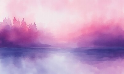 misty pastel lake at dawn with purple and pink sky, treeline silhouette and soft reflective water, serene dreamy atmosphere