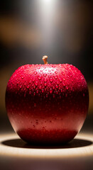 A striking vertical close-up of a single, perfectly red apple covered in fresh water droplets.