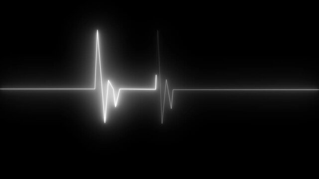 White glowing neon heart beat icon animation on black background.