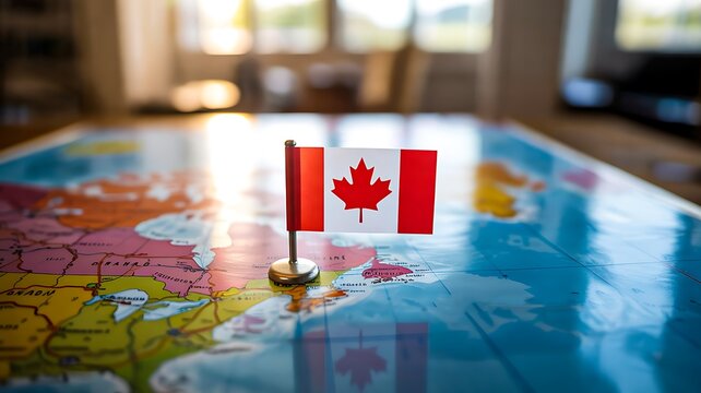 Canada flag pinned on world map representing travel destination and exploration
