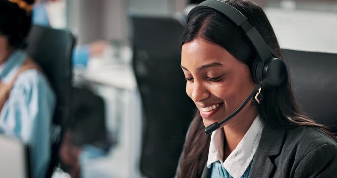 Happy, talking and woman in office with headset for online consulting, finance advice and help. Professional, communication and business person on computer for contact, financial planner and feedback