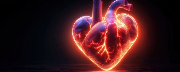 Glowing anatomical heart with fiery electric veins and lava-like glow, pulsating with intense energy and passion against a dark dramatic background